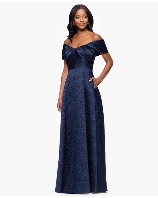 Betsy & Adam Blue Brocade Off-the-shoulder Long A-line Dress