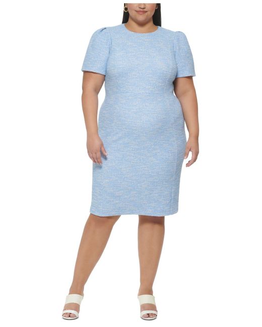 Calvin Klein Plus Size Tweed Sheath Crewneck Dress in Blue | Lyst