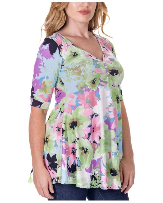 24seven Comfort Apparel Gray Print Elbow Sleeve V Neck Henley Tunic Top