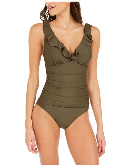DKNY Synthetic Ruffle Plunge Underwire Tummy Control Onepiece Swimsuit, Created For Macy's in