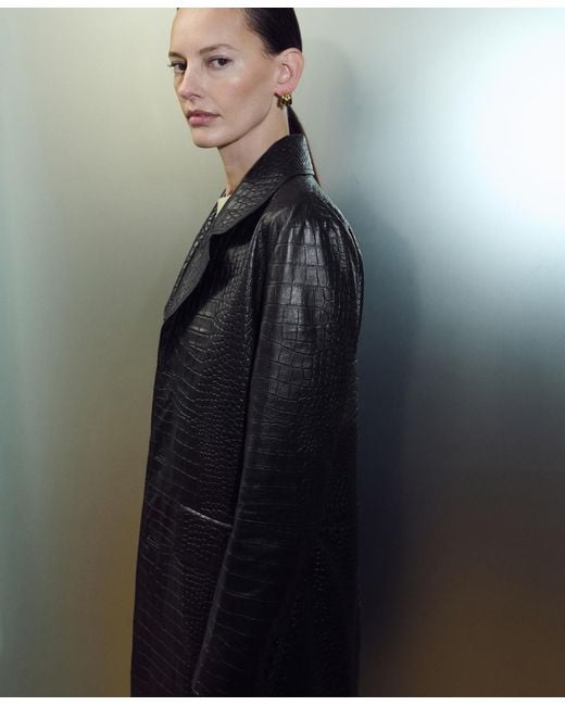 Mango Black Leather Crocodile-effect Coat