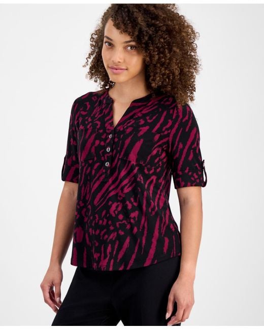 Anne Klein Red Petite Printed Rolled-sleeve Button-front Top