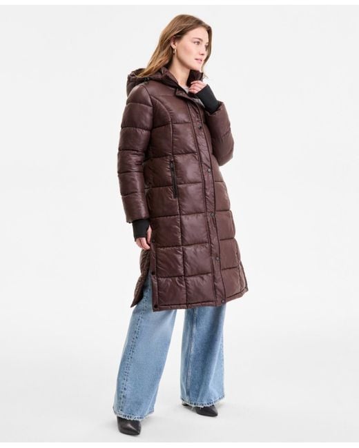 Steve Madden Brown Shiny Hooded Maxi Puffer Coat