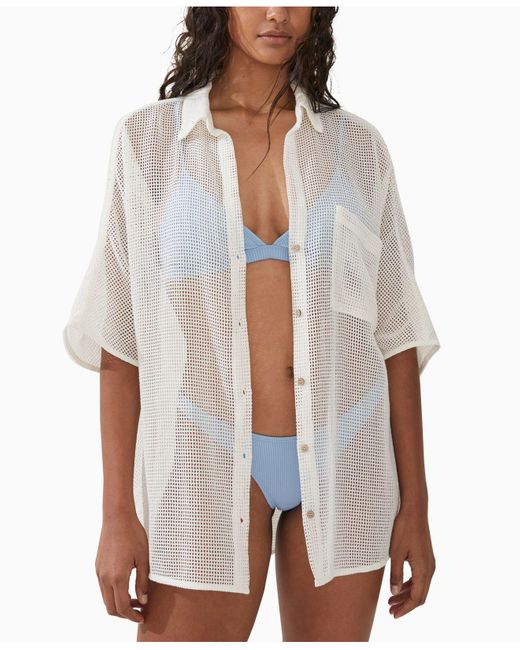 Cotton On White Open-mesh Button-down Short-sleeve Swim Shirt Cover-up