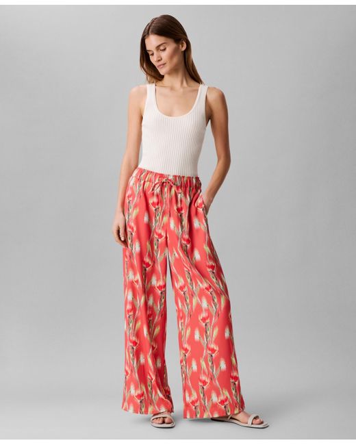 Calvin Klein Red Floral-print Pull-on Drawstring Pants
