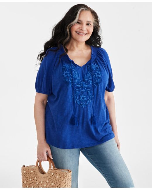Style & Co. Blue Plus Size Embroidered Split-neck Puff-sleeve Top