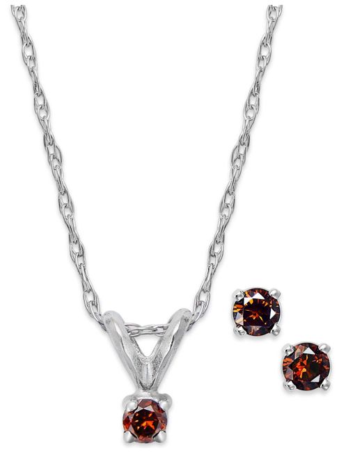 Macy's Metallic 10k White Gold Red Diamond (1/10 Ct. T.w.) Necklace And Earring Set