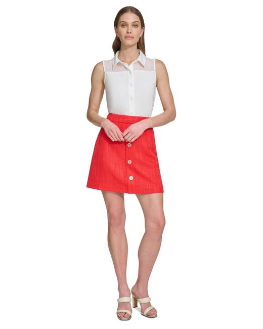 DKNY Red Faux-button-front Tweed Mini Skirt
