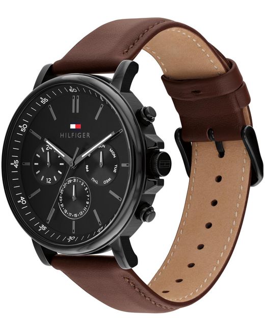 Tommy Hilfiger Black Multifunction Leather Strap Watch for men
