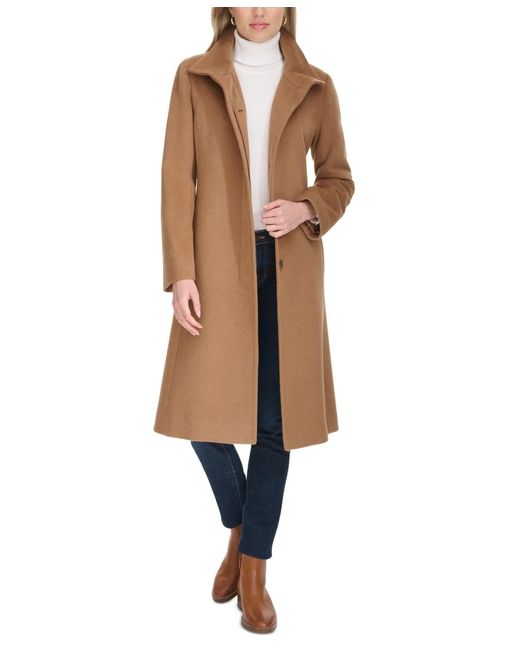 Cole Haan Stand-collar Single-breasted Wool Blend Coat in Natural