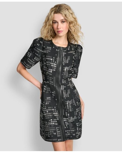 DKNY Black Abstract Print Zip Front Mini Dress