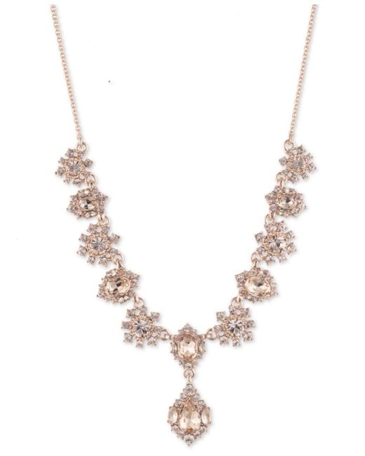 Marchesa Metallic Rose Gold-tone Crystal Cluster Flower Lariat Necklace, 16" + 3" Extender