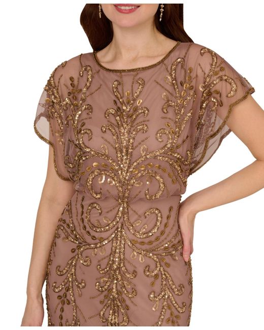 Adrianna Papell Brown Beaded Blouson-sleeve Gown