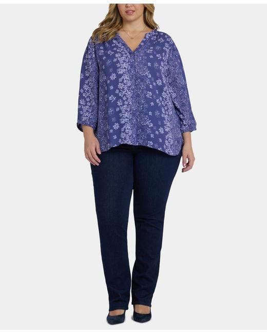 NYDJ Blue Plus Size Pintuck Split Neck Top