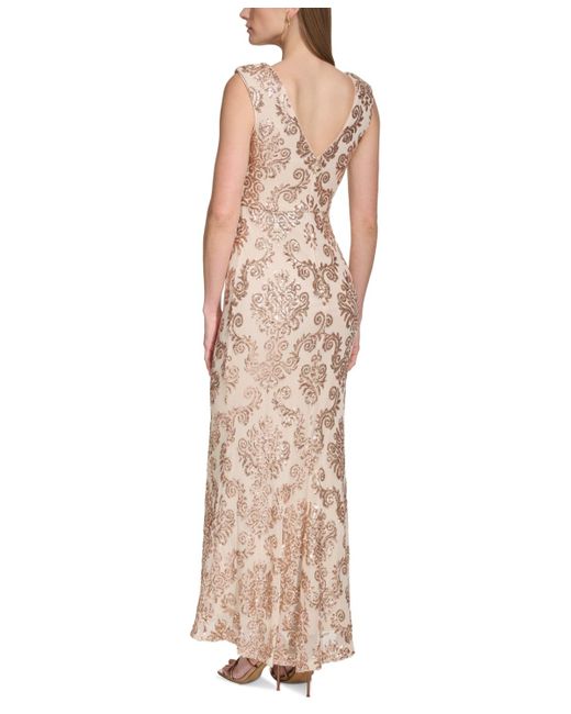 Vince Camuto Natural Sequin Embellished Boat Neck Sleeveless Gown