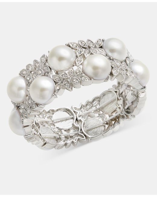 Charter Club White Crystal & Imitation Pearl Stretch Bracelet
