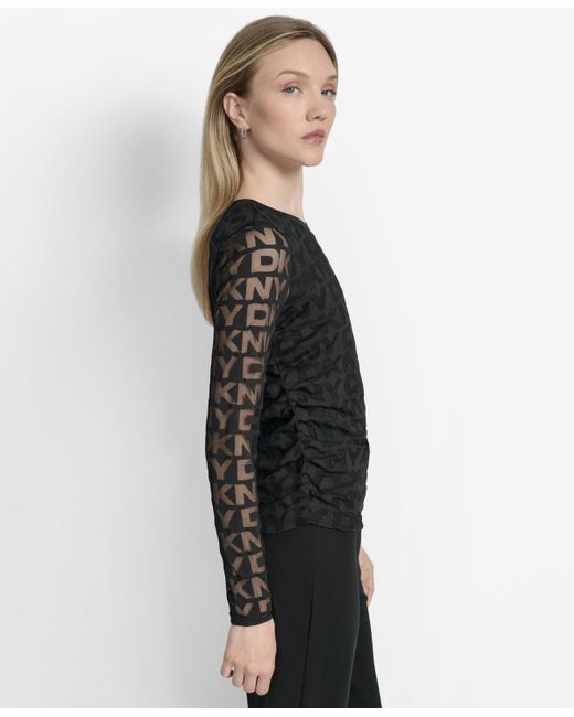 DKNY Black Logo-mesh Jacquard Long-sleeve Top