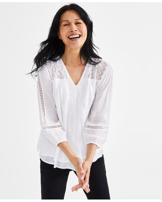 Style & Co. White 3/4-sleeve Embroidered Lace Top