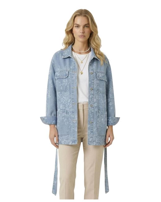 Modenaire Women's Blue Floral Jacquard Belted Waist Jacket