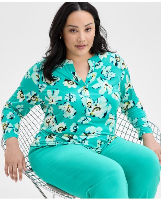 INC International Concepts Blue Inc Plus Size Printed Split-neck Top
