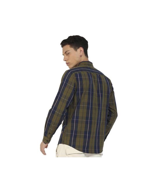 Campus Sutra Black Olive Tartan Plaid Shirt for men