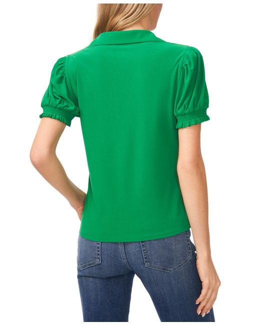 Cece Green Collared Split-neck Short-sleeve Knit Top