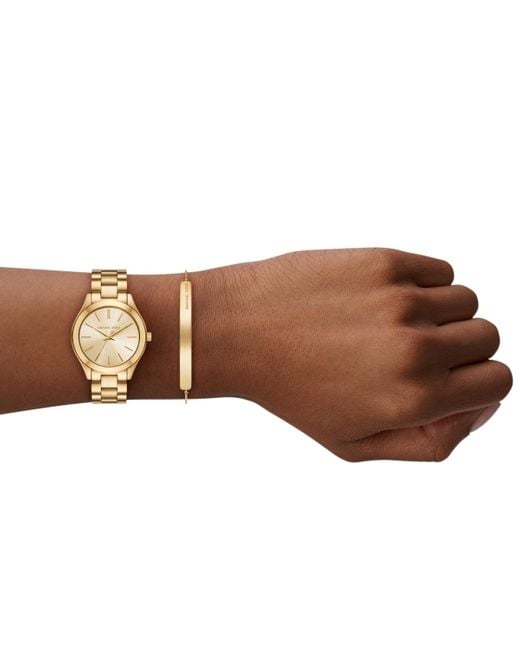 Michael Kors Metallic Â Slim Runway Three-hand Stainless Steel Watch And Jewelry Set