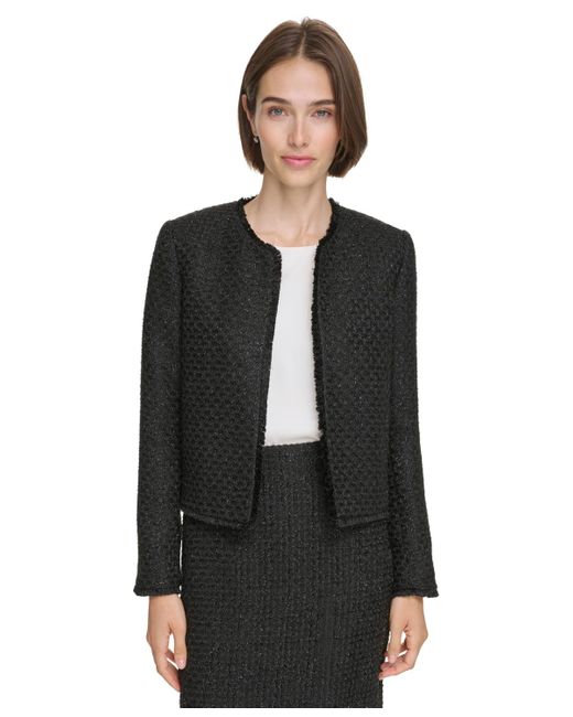Calvin Klein Tweed Open Front Jacket in Black | Lyst
