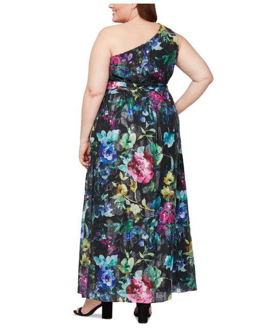 Sl Fashions Green Plus Size Floral-print One-shoulder Gown