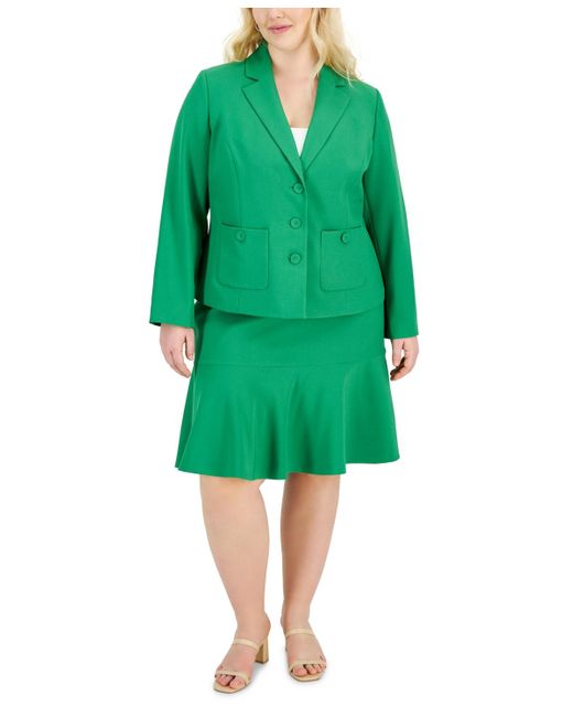 Le Suit Green Plus Size Crepe Three-button Flounce-skirt Suit