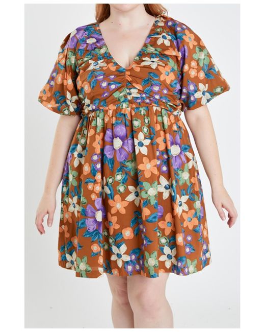 English Factory Multicolor Plus Size Floral Puffy Sleeve Mini Dress