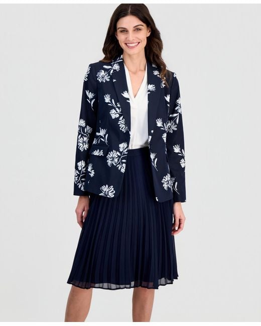Tahari Blue Printed One-button Blazer
