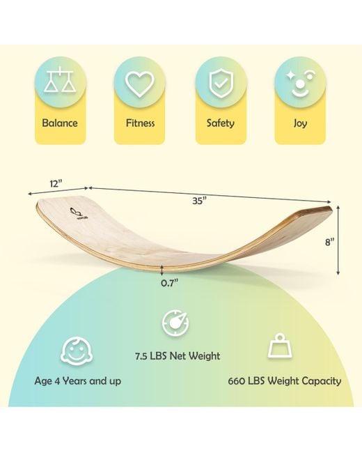 COSTWAY White Wooden Wobble Balance Board Kids 35'' Rocker Board Toy Support 660lbs