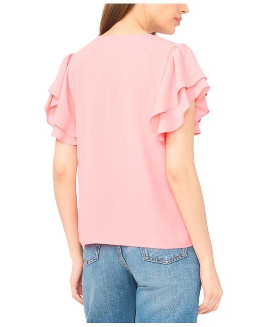 Cece Red V-neck Double Flutter Sleeves Top
