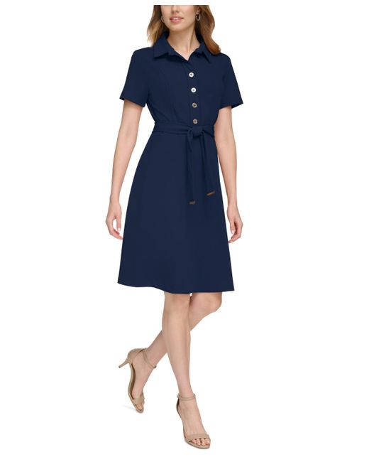 Tommy Hilfiger Petite Short-sleeve Belted Shirtdress in Blue | Lyst