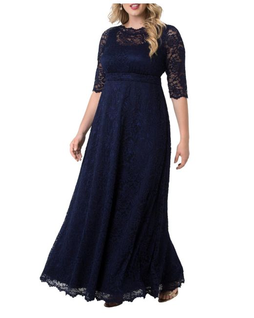 Kiyonna Blue Plus Size Leona Lace Long Formal Gown