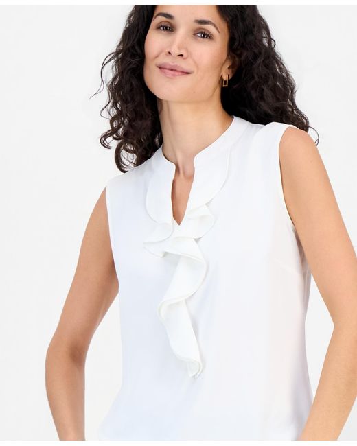 Kasper White Ruffled Split-neck Sleeveless Blouse