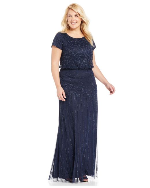 Adrianna Papell Blue Plus Size Beaded Illusion Blouson Dress
