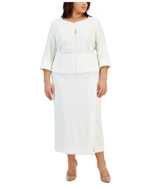 Le Suit White Plus Size Textured Belted Jacket & Column Skirt