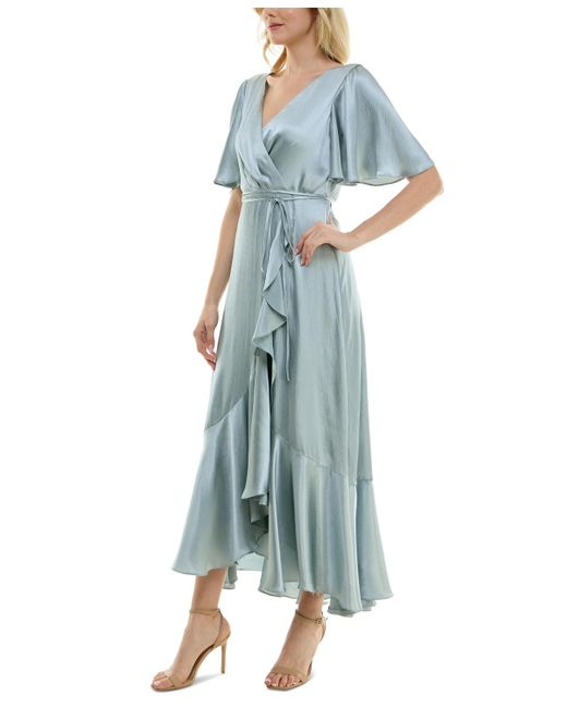 Taylor Blue Satin Tie-waist Flounce-sleeve Dress