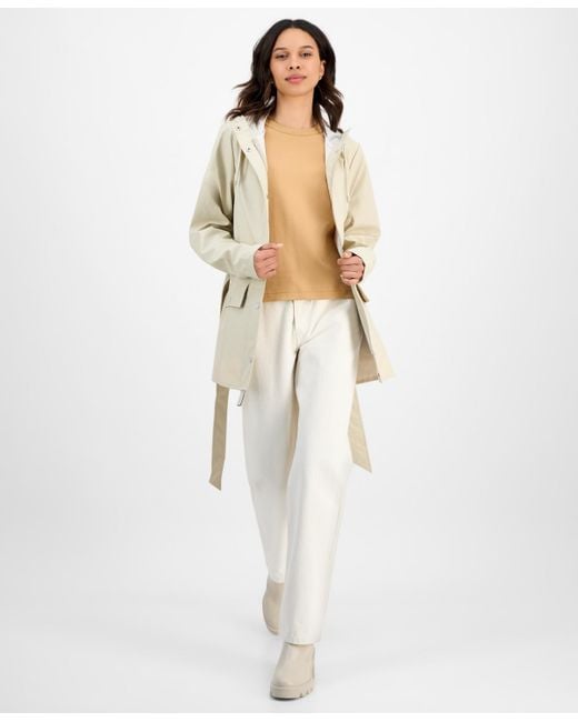 Rains White Tie-waist Snap-front Hooded Rain Coat