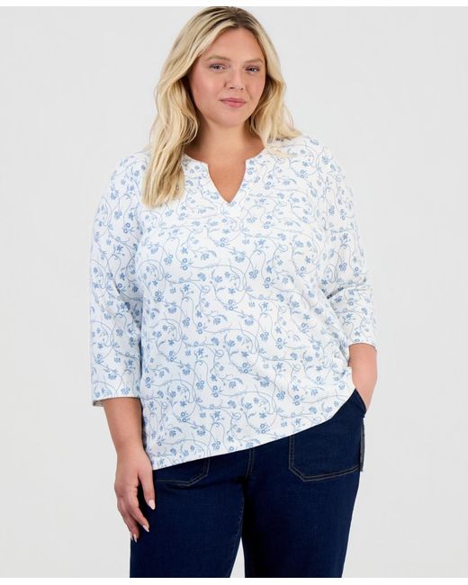 Style & Co. White Plus Size Vine Floral Split-neck 3/4-sleeve Tunic