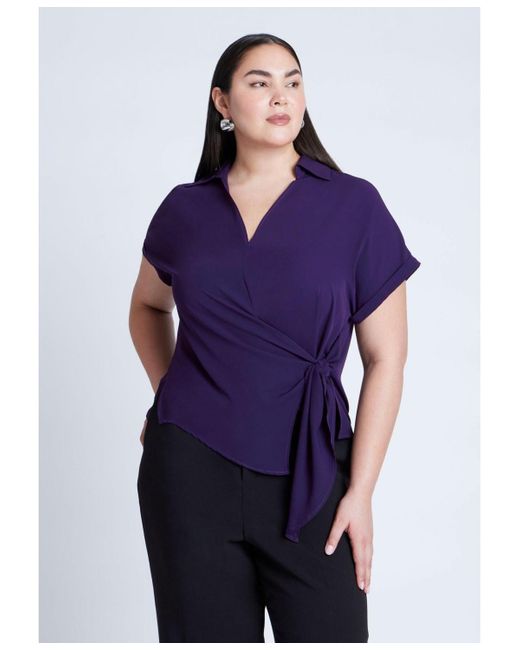 Eloquii Blue Plus Size Short Sleeve Collared Top With Waist Tie