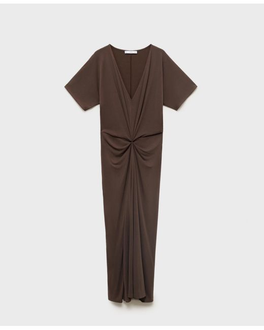 Mango Brown Gathered Neckline V-neck Dress