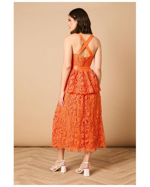 Oasis Orange Cross Strap Tiered Lace Midi Dress