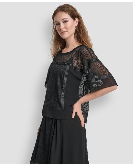 DKNY Black Leopard Mesh Short Sleeve Flowy Box Top