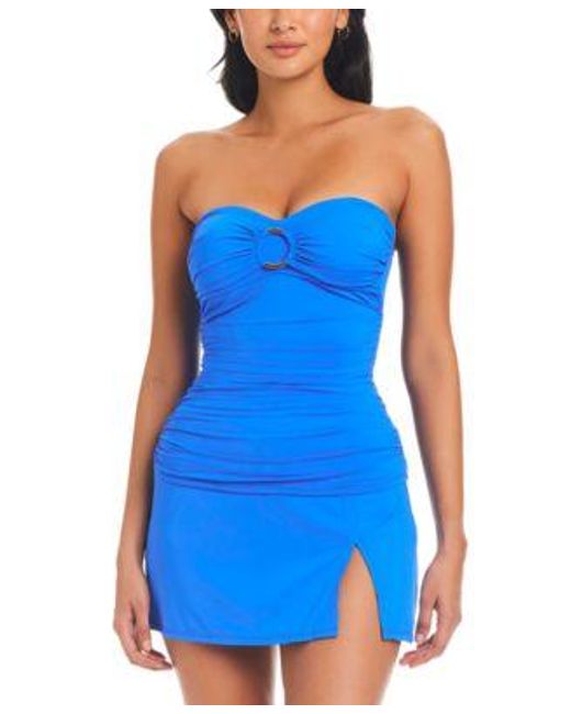 Bleu Rod Beattie Blue Draped Bandini Top High Waist Swim Skirt