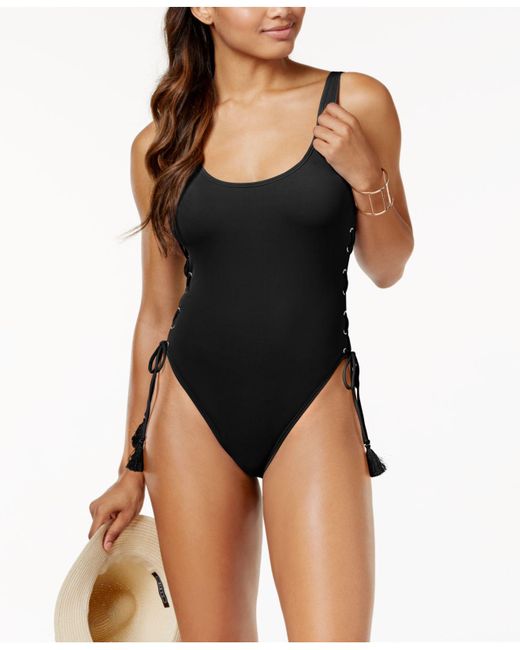 Vince Camuto Black Riviera Side Lace-up One-piece High-leg Swimsuit