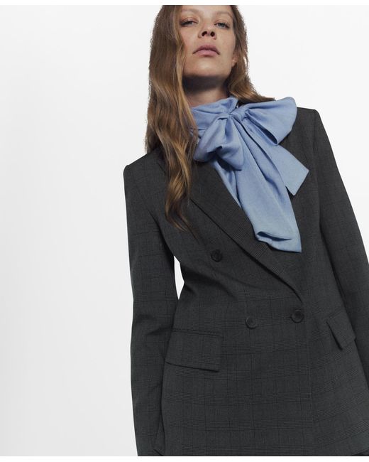 Mango Gray Double-breasted Check Suit Jacket