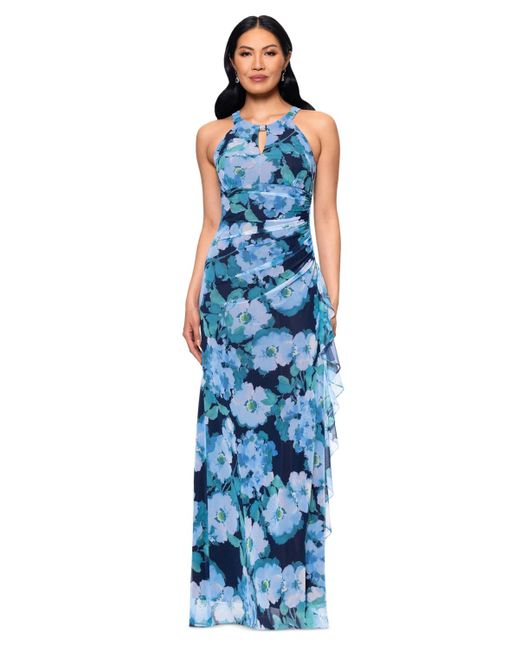 Betsy & Adam Blue Printed Mesh Halter-neck Sleeveless Gown